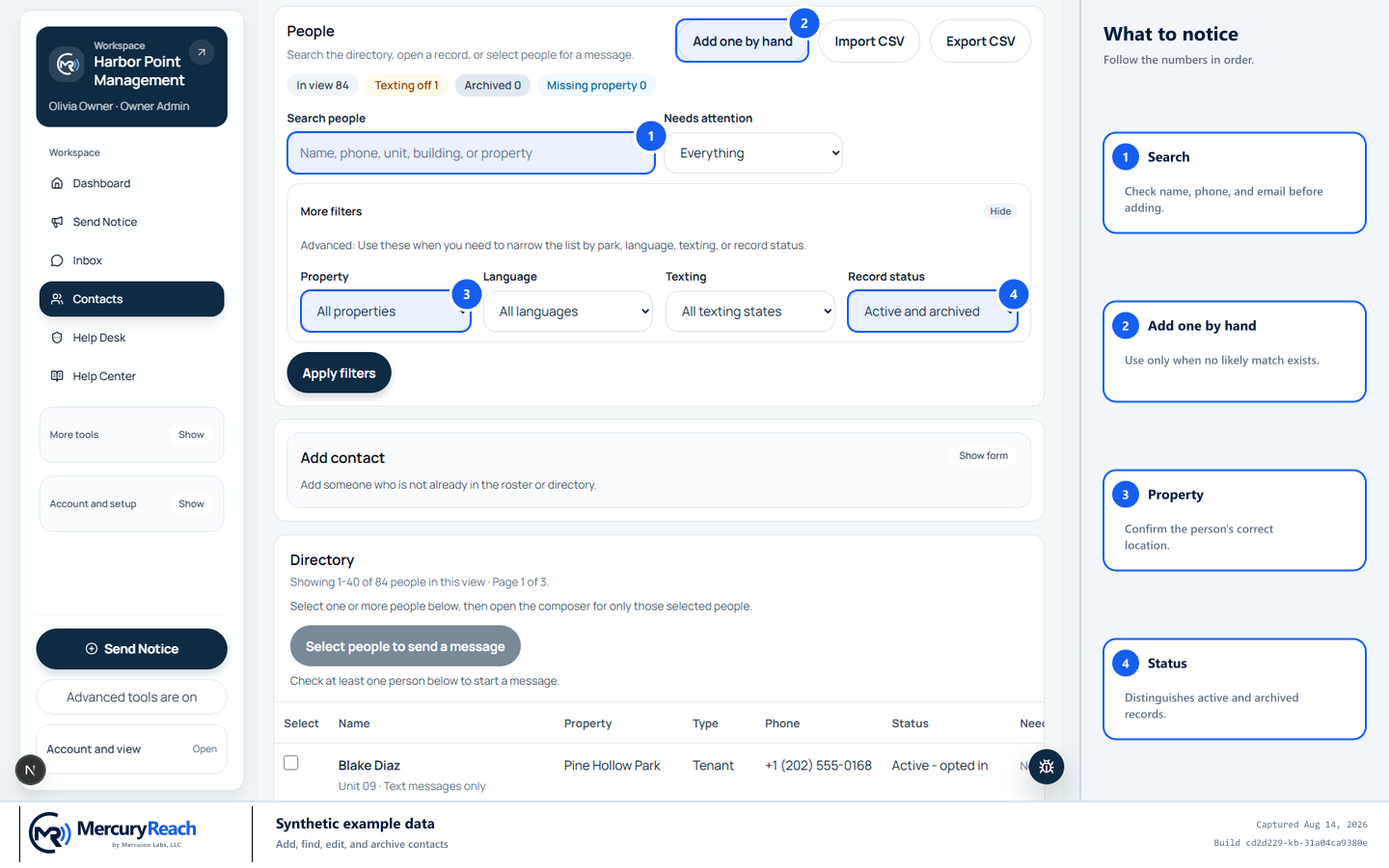 Synthetic MercuryReach contact list with search, Add contact, property, and contact status marked.