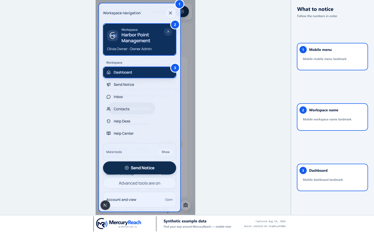 Synthetic MercuryReach phone view with the open navigation menu, workspace name, and Dashboard link marked.