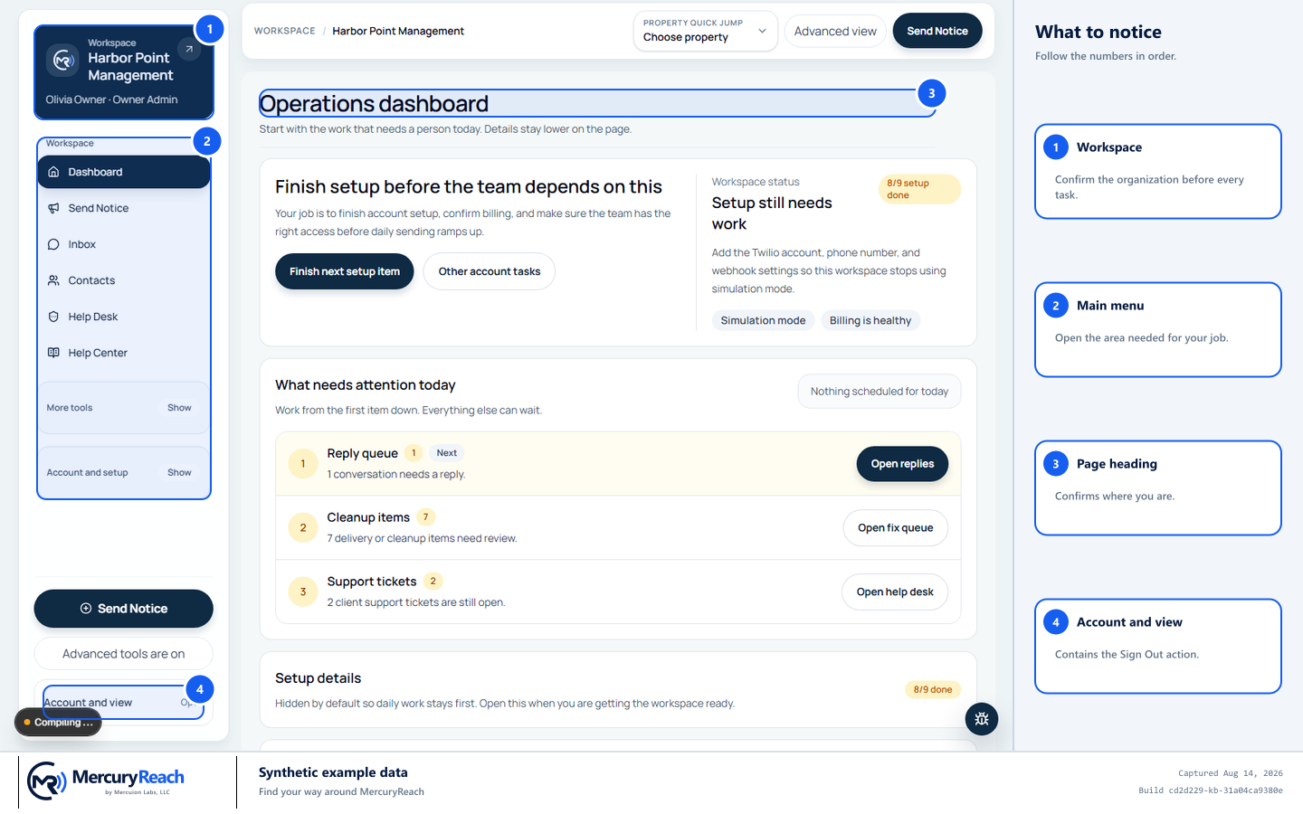 Synthetic MercuryReach Dashboard with the workspace name, main menu, page heading, and Account and view marked.
