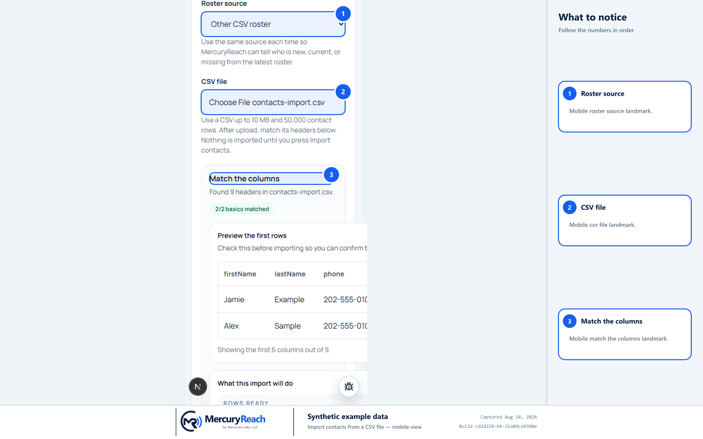 Synthetic MercuryReach phone view of CSV import with Roster source, CSV file, and Match the columns marked.