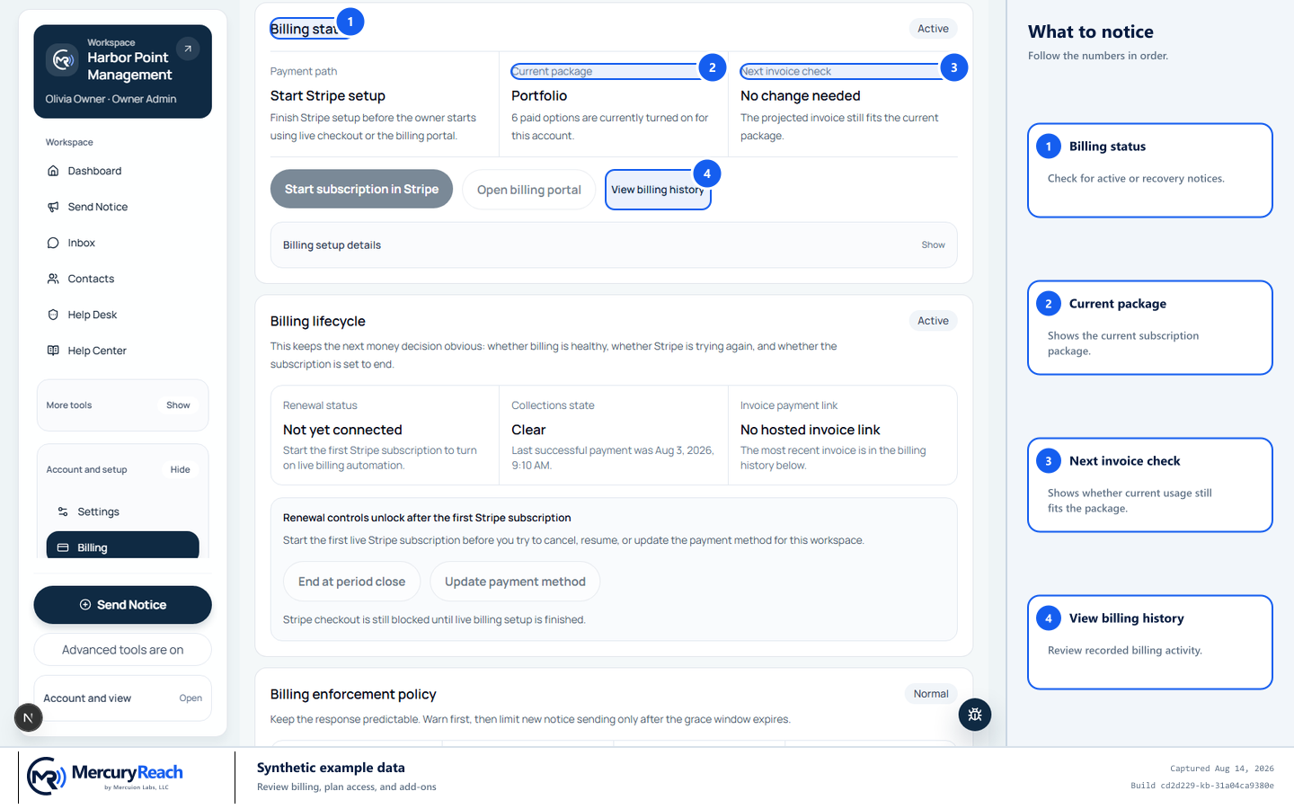 Synthetic MercuryReach Billing page with Billing status, Current package, Next invoice check, and View billing history marked; no payment data is shown.