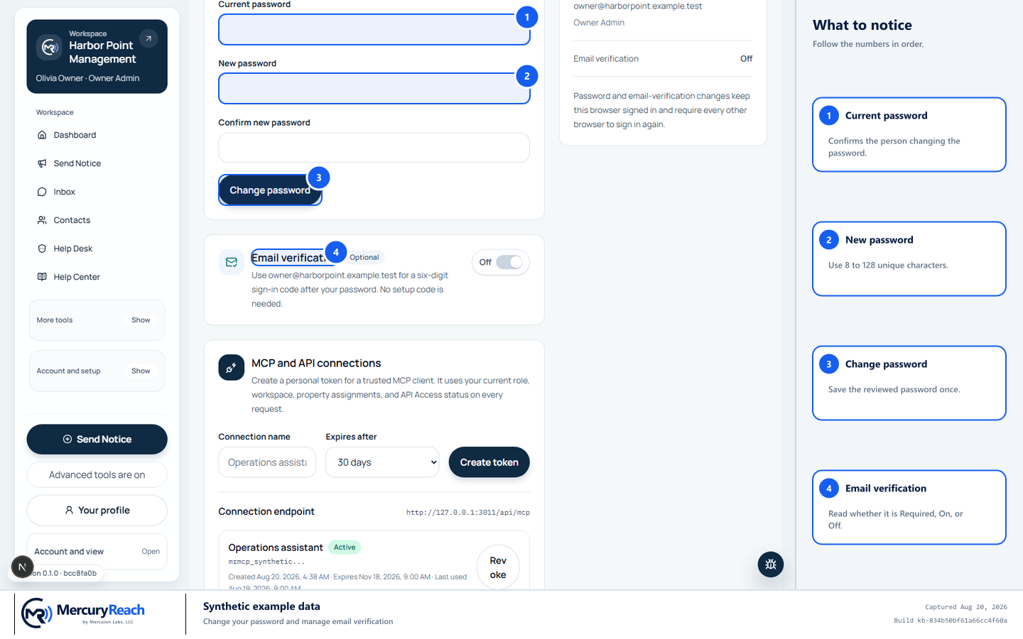 Synthetic MercuryReach Password and security page with current password, new password, change action, and email verification marked.