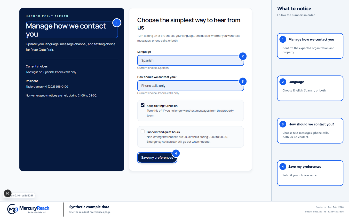 Synthetic public resident preference page with organization, language, contact method, texting choice, and Save my preferences marked.