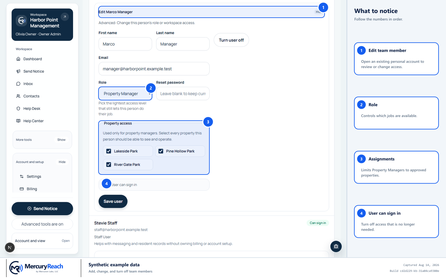 Synthetic MercuryReach User management page with Edit team member, Role, Property assignments, and account status marked.