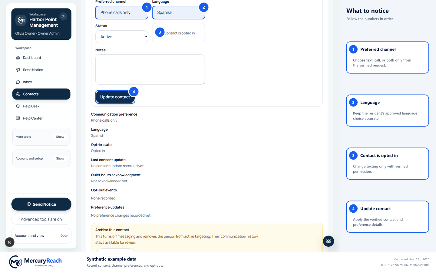 Synthetic MercuryReach contact editor with preferred channel, language, texting consent, and Update contact marked.