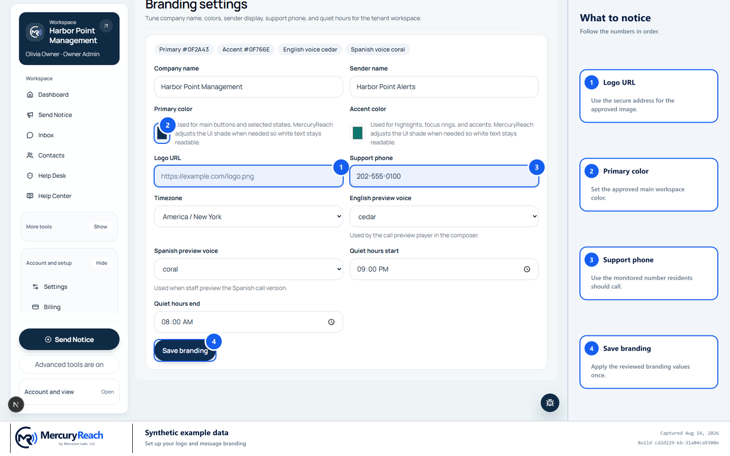 Synthetic MercuryReach branding page with Logo URL, brand colors, operational settings, and Save branding marked.