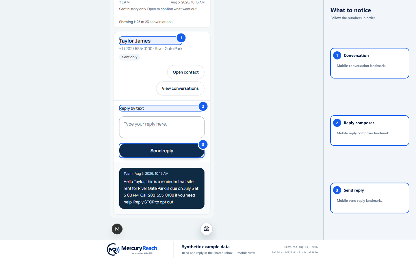 Synthetic MercuryReach phone view of the Inbox with the selected conversation, reply composer, and Send reply marked.