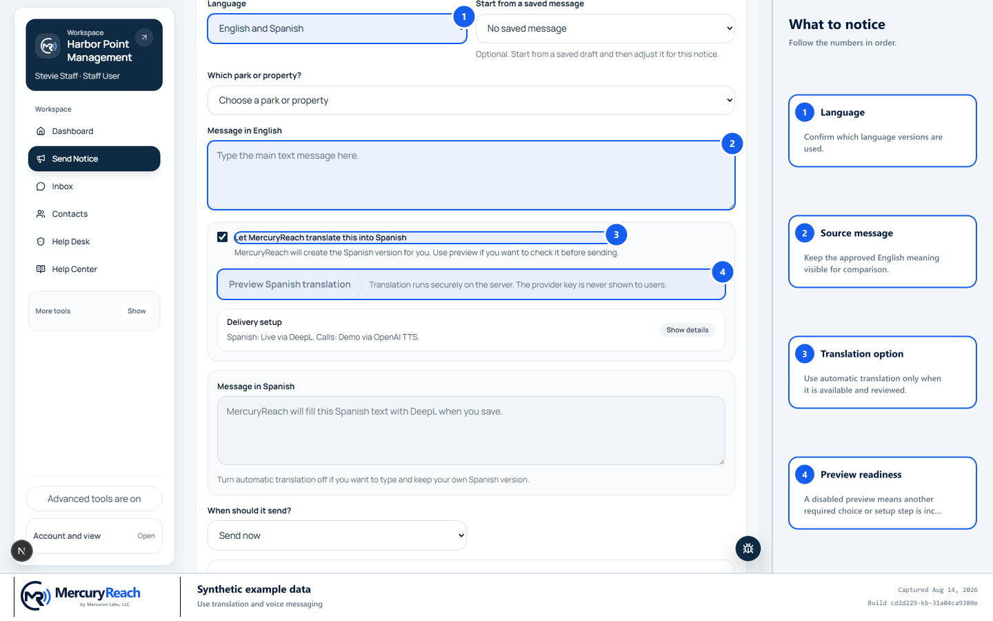 Synthetic MercuryReach campaign composer with Language, source message, translation option, and preview readiness marked.