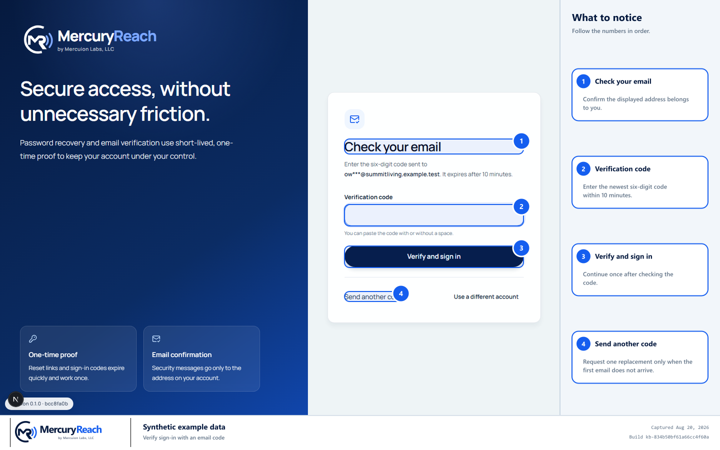 Synthetic MercuryReach Check your email page with the destination, verification-code field, verify button, and resend control marked.